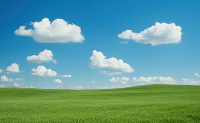 Wide green field under a blue sky with scattered white clouds, showcasing the serene beauty of nature and open space.