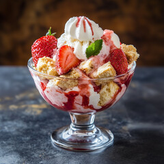 Strawberry shortcake sundae - a refreshing summer dessert with creamy strawberry ice cream, fresh strawberries, and crumbled shortcake