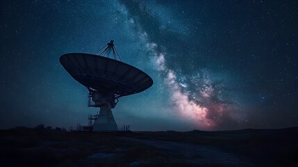 Radio telescope under starry night sky, Milky Way galaxy, large satellite dish, astronomy observatory, copy space for text, dark landscape, scientific equipment.