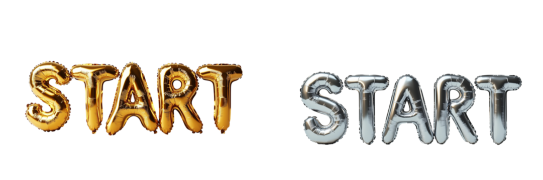 Word START of Gold foil balloons forming on plain white Transparent background OPEN and Invitation Concept