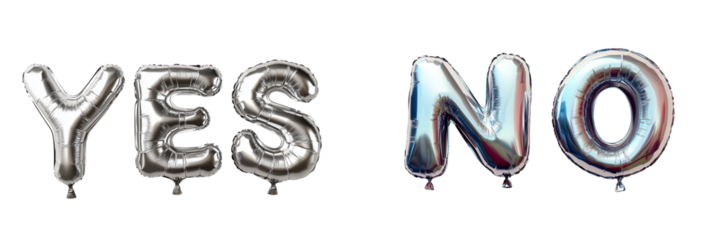 Word YES and NO of Gold foil balloons forming on plain white Transparent background OPEN and Invitation Concept