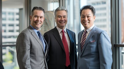 Fototapeta premium Three businessmen in suits stand together smiling in front of an office window.
