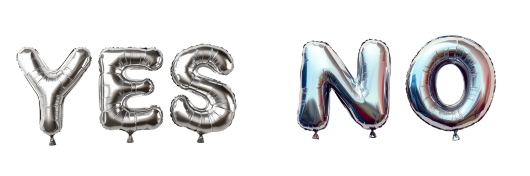 Word YES and NO of Gold foil balloons forming on plain white Transparent background OPEN and Invitation Concept