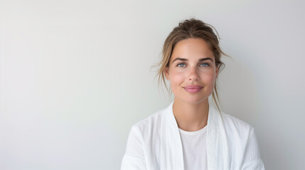 A stunning young Scandinavian woman with vibrant, healthy skin and striking features, embodying elegance and confidence in a minimalist portrait.