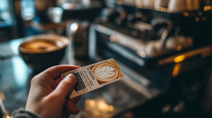 A hand presents a coffee loyalty card while a beautifully crafted latte sits nearby in a warm cafe.