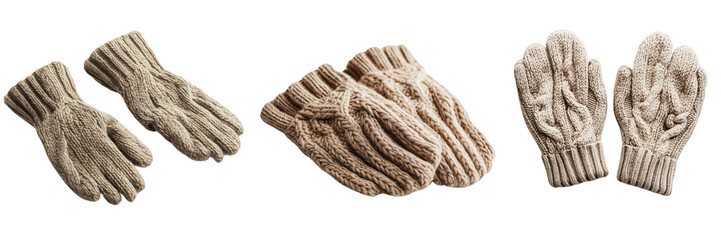 Group of warm gloves with knit design resting on Transparent white background