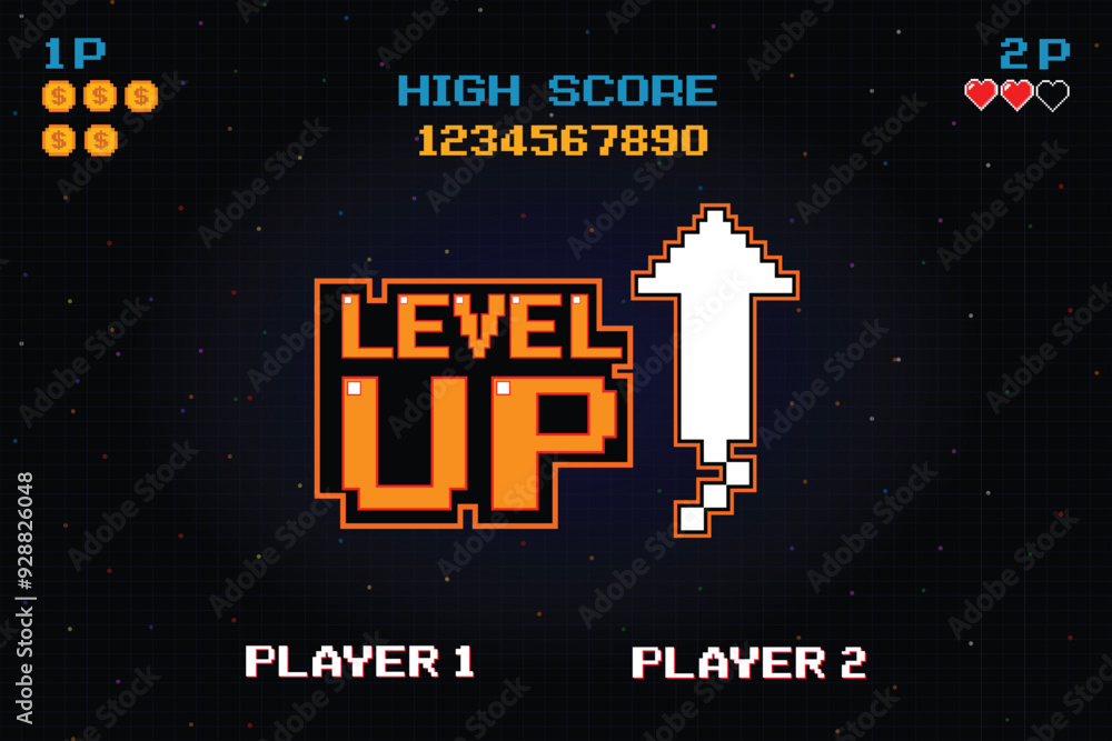 Poster level up symbol. pixel art .8 bit game. retro game. for game assets in vector illustrations.