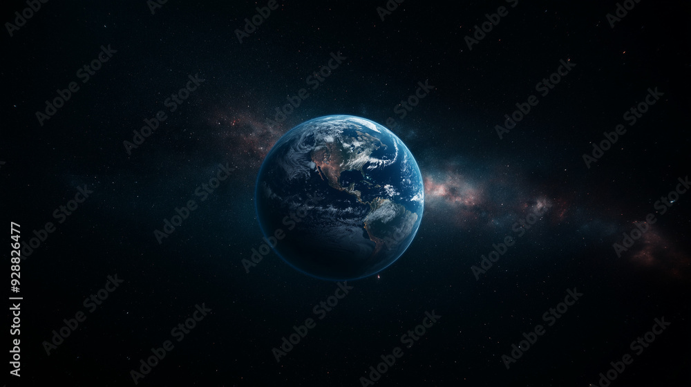 Poster a crystal-clear earth floating in space, with the colorful auroras of a distant planet in the backgr