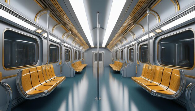 3D rendering of a sleek, futuristic subway car interior with illuminated, transparent walls and minimalist seating. The design should feature holographic displays on the walls and a smooth, metallic f