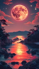 Digital color terrain and moonlight illustration poster background