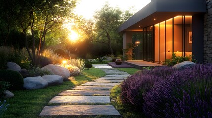 vibrant modern garden landscape, bright illuminated stone pathway, lush colorful plants, lavender bushes, ornamental grasses, warm exterior house lighting.