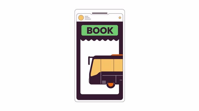 Booking bus ticket mobile screen 2D object animation. Charter bus service online rental flat color cartoon 4K video, alpha channel. E-ticket on smartphone animated item on white background