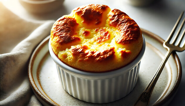 A beautifully baked cheese souffl&eacute;, perfectly risen and golden brown, served in a white ramekin