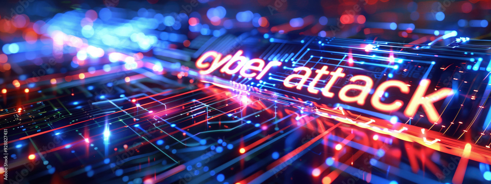Aufkleber vivid digital background with the text 'cyber attack' illuminated in red and blue lights. concepts o
