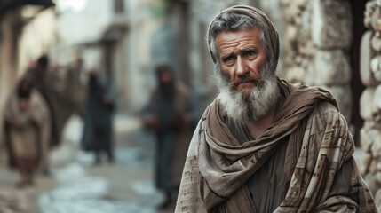 Naklejka premium Elderly man in traditional Middle Eastern clothing with a somber expression on a historic street. Concepts of heritage, history, and cultural reflection.