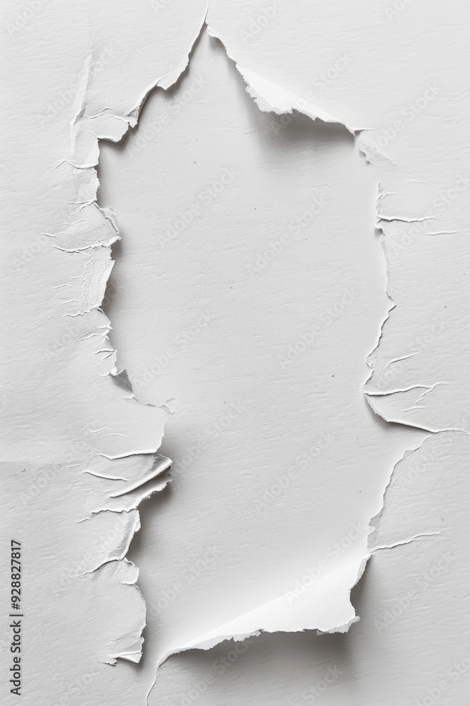 Poster a close-up shot of a torn paper fragment on a white surface, potentially with writing or text visibl