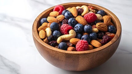 Wooden bowl filled with colorful trail mix, assorted nuts and dried fruits, blueberries, raspberries, almonds, cashews, white marble countertop, soft natural.