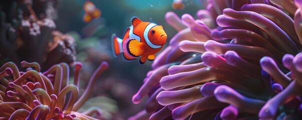 Obraz premium Vibrant clownfish nestled among the tentacles of anemones, 4K hyperrealistic photo