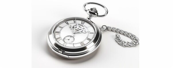 Silver pocket watch with chain on white background, 4K hyperrealistic photo