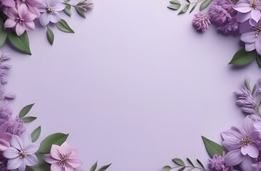 Lilac floral border in shades of purple and pink frames a soft, gradient background. The flowers and lush green leaves create an elegant and serene composition. For 