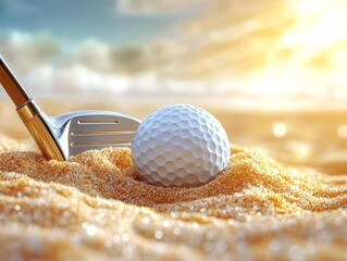 Golden Hour Golf A lowangle shot of a golf ball nestled in sand with a gleaming club in the foreground backlit by a vibrant sunset