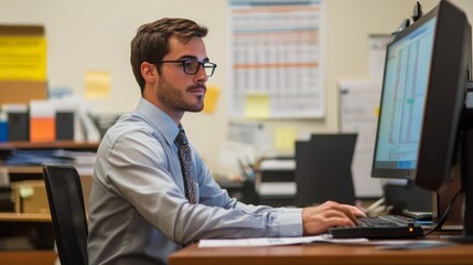 Obraz premium Male office employee in a formal setting, seated at a desk with a computer, focused on financial reports, typical corporate environment.