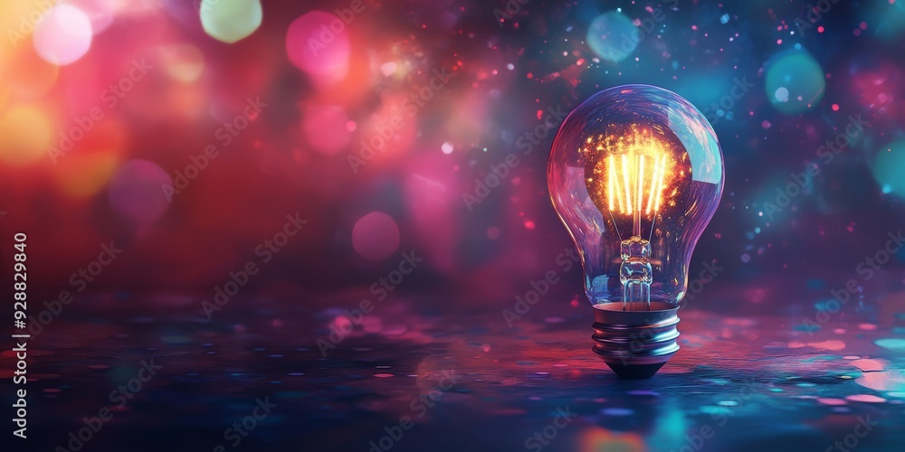 Poster this captivating digital image showcases an illuminated light bulb against a vibrant bokeh backgroun
