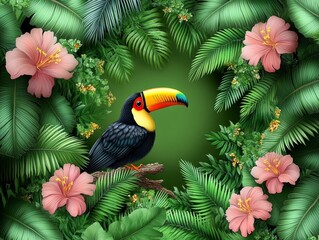 Tropical Toucan Framed by Lush Foliage A Vibrant Bird with Colorful Beak Poses Amongst Hibiscus and Palm Fronds Creating a Circular Composition
