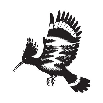 recommend clip art: silhouette of Hoopoe filled with river view in rough drawing