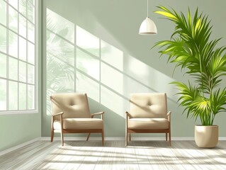 Fototapeta premium Sunlit Minimalist Living Room with Two Chairs and Palm Plant Low Angle Perspective Wooden Floor Green Walls