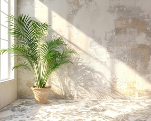 Sunbeams Through Window A Single Palm Tree Stands in a Room With a Distressed White Wall and Patterned Floor