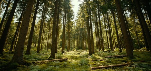 Fototapeta premium Sunbeams Dappled Through a Lush Forest A LowAngle Perspective Reveals the Canopy Above and Mossy Ground Below