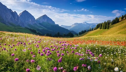 Fototapeta premium Colorful Wildflowers Meadow in the Mountains