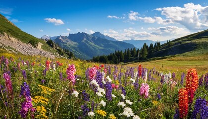 Fototapeta premium Colorful Wildflowers Meadow in the Mountains