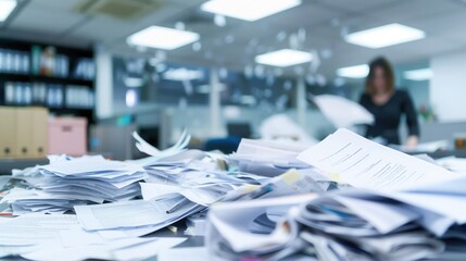 A businessman in a suit throws papers in the air in frustration, depicting a moment of stress in the office. Concept Intensity of workplace problems and emotional burnout associated with high pressure