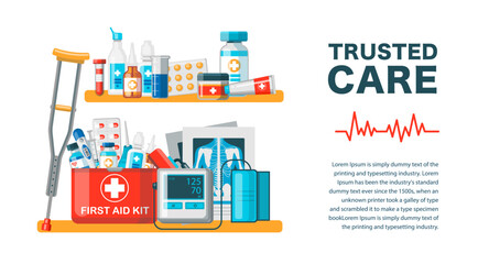 Medical set. Medicine cartoon table, antibiotics, medication dose flat icons. First aid set icon