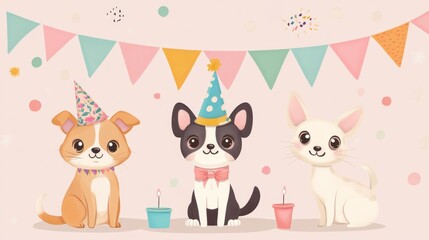 Naklejka premium A sweet banner featuring cartoon pets, perfect for pet-themed parties