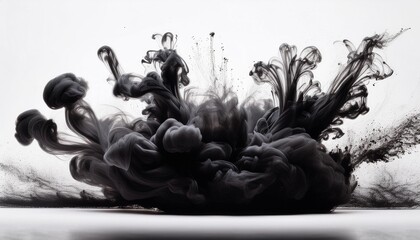 dramatic explosion of dark matter against pristine white background swirling tendrils of inky black creating abstract cosmic patterns