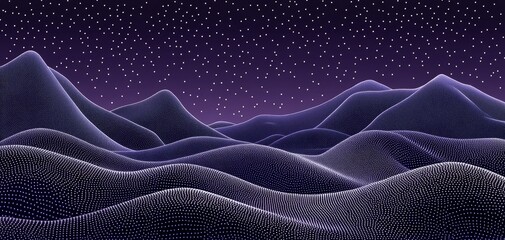 Obraz premium Night Sky over Dotted Purple Mountains A low angle perspective of a vast digitallyrendered landscape of purple mountains under a starry night