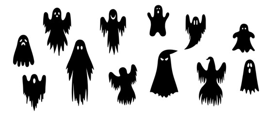 Halloween silhouettes. Halloween ghost silhouette black filled vector Illustration icon. Creepy and spooky elements for halloween decorations.