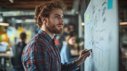 Man in a startup office, brainstorming ideas on a whiteboard, wearing casual attire, other employees collaborating in the background, innovative and creative workspace.