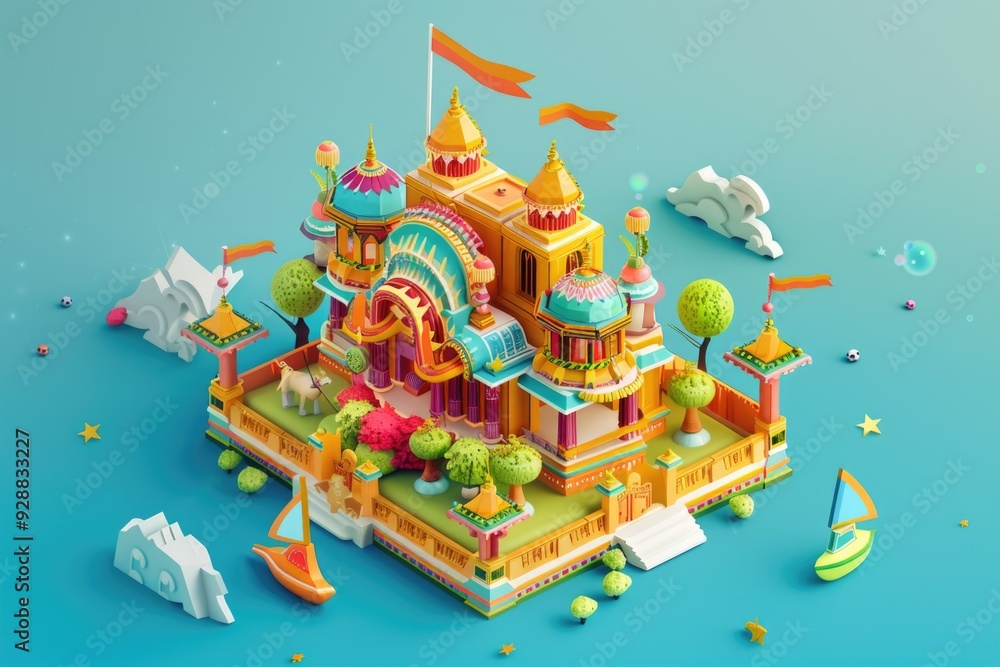 Poster a colorful building with multiple levels of trees growing on its rooftop, providing shade and greene