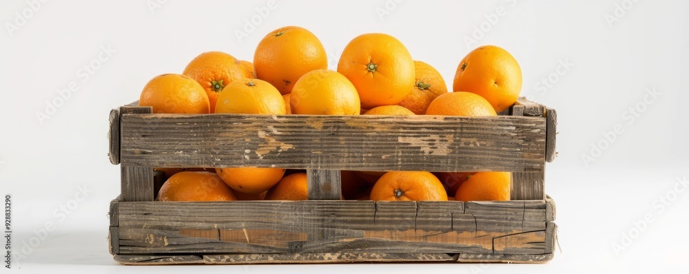 Wall mural Wooden crate filled with fresh oranges on white background, 4K hyperrealistic photo