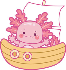 Illustration of cute axolotl activities icon.
Funny pink axolotl in daily routine stickers.