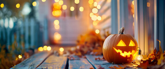 Halloween mockup. Spooky Jack o lantern at the decorated fall patio. Glowing Pumpkin on wooden terrace backyard with street garlands, light bulbs. Porch home exterior. Generative ai