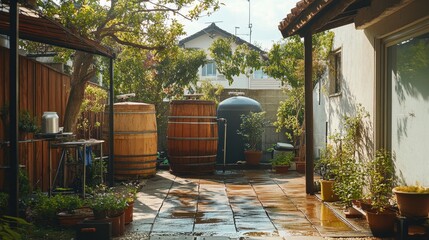 Naklejka premium Wooden Barrels and Patio Garden