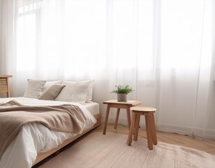Minimalist Bedroom Interior Design with Wooden Stool and White Curtains