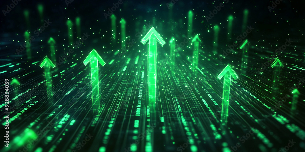 Aufkleber digital futuristic scene with glowing green arrows symbolizing growth, progress, and upward momentum