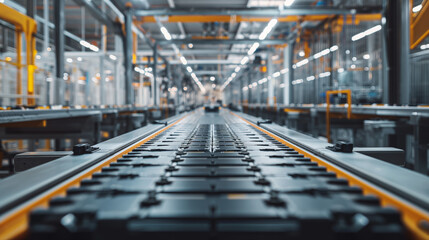 Fototapeta premium Close-up of an assembly line in a modern factory, focusing on electric vehicle battery production. The high-tech environment features clean, organized machinery with a futuristic feel.