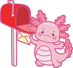Illustration of cute axolotl activities icon.
Funny pink axolotl in daily routine stickers.
